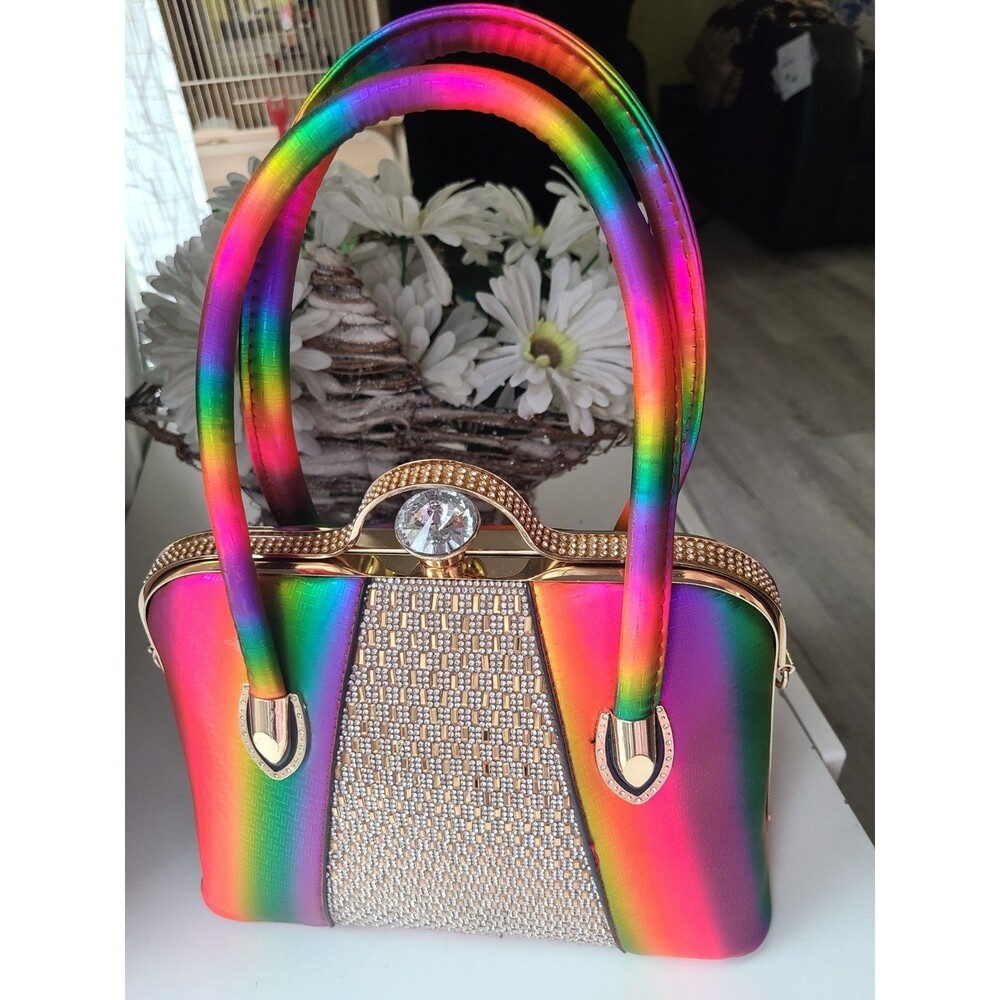 New Rainbow Gradient Evening Satchel crossbody Bag Gold Trim Ornate Clasp